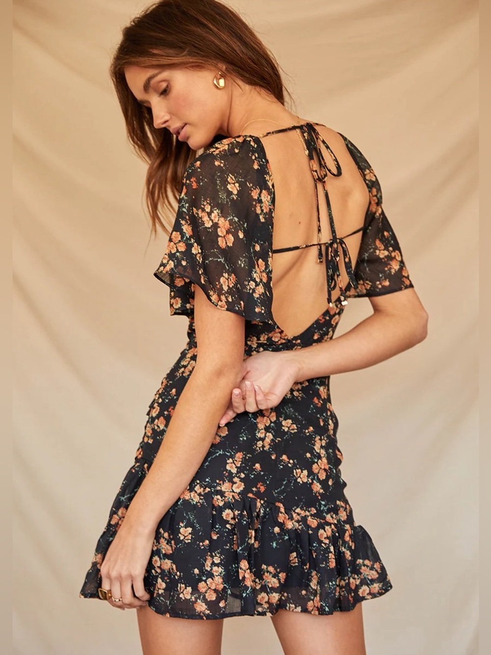 Floral Backless dress in Black and orange